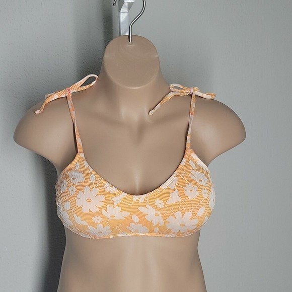 Xhilaration NWOT Tie Halter Swimsuit Bikini Top ~ XL ~ Orange & White Floral - Picture 2 of 7